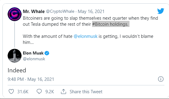 Ο Έλον Μασκ αφήνει αιχμές ότι η Tesla πρόκειται να πουλήσει τα bitcoin της και η τιμή τους καταρρέει