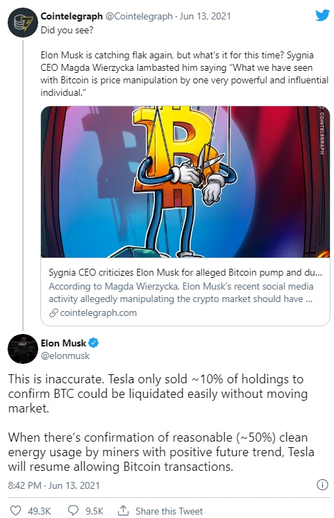 Ενισχύεται κατά 10% το Bitcoin έπειτα από τις δηλώσεις Έλον Μασκ για επανένταξή του στα μέσα συναλλαγής της Tesla 1 Ενισχύεται κατά 10% το Bitcoin έπειτα από τις δηλώσεις Έλον Μασκ για επανένταξή του στα μέσα συναλλαγής της Tesla