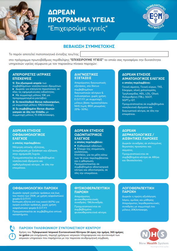 «Επιχειρούμε υγιείς»: Δωρεάν κάρτα υγείας για τα μέλη του Επιμελητηρίου Μαγνησίας
